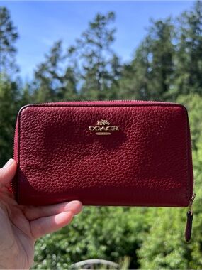 COACH Medium Zip-Around Burgundy Pebbled Leather Wallet with Gold Hardware